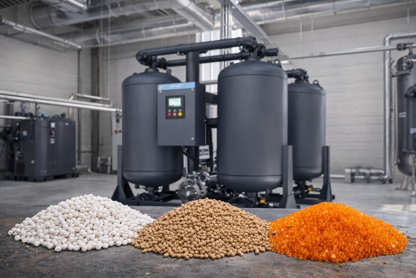 how desiccant works in a compressed air dryer with activated alumina, molecular sieve, and silica gel